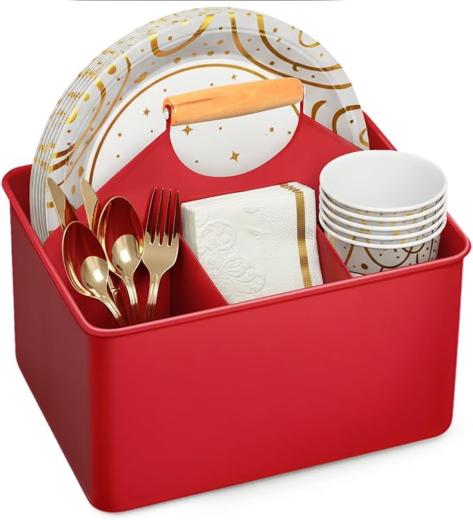 Plexon Metal Utensil Caddy With Handle - Farmhouse Rustic Kitchen Utensil Holder for Party Picnic Table Garden - Tool Cutlery Flatware Silverware Caddy Organizer Storage, Red