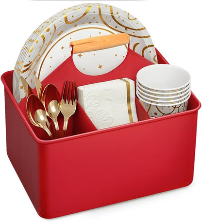 Plexon Metal Utensil Caddy With Handle - Farmhouse Rustic Kitchen Utensil Holder for Party Picnic Table Garden - Tool Cutlery Flatware Silverware Caddy Organizer Storage, Red
