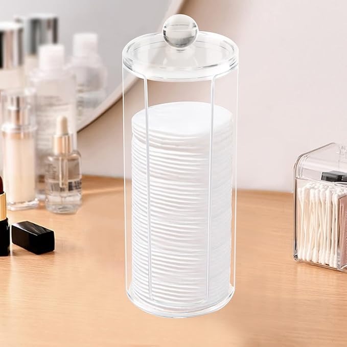Acrylic Cotton Rounds Holder with Lid for Vanity, Facial Makeup Remover Pads Organizer, Clear Round Cosmetic Storage Display Cases