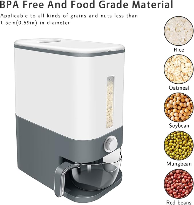 Lenwi 22-25 Lbs Rice Dispenser, Large Cereal Dry Food Storage Containers with Measuring Cup,BPA-Free Household for Kitchen Pantry Organization-Grey