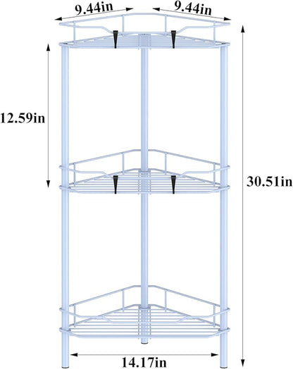 HuggieGems 3 Tier Floor Standing Corner Shower Caddy Organizer Shelf with Hooks, Bathroom Shelves Stand Rack, Blue
