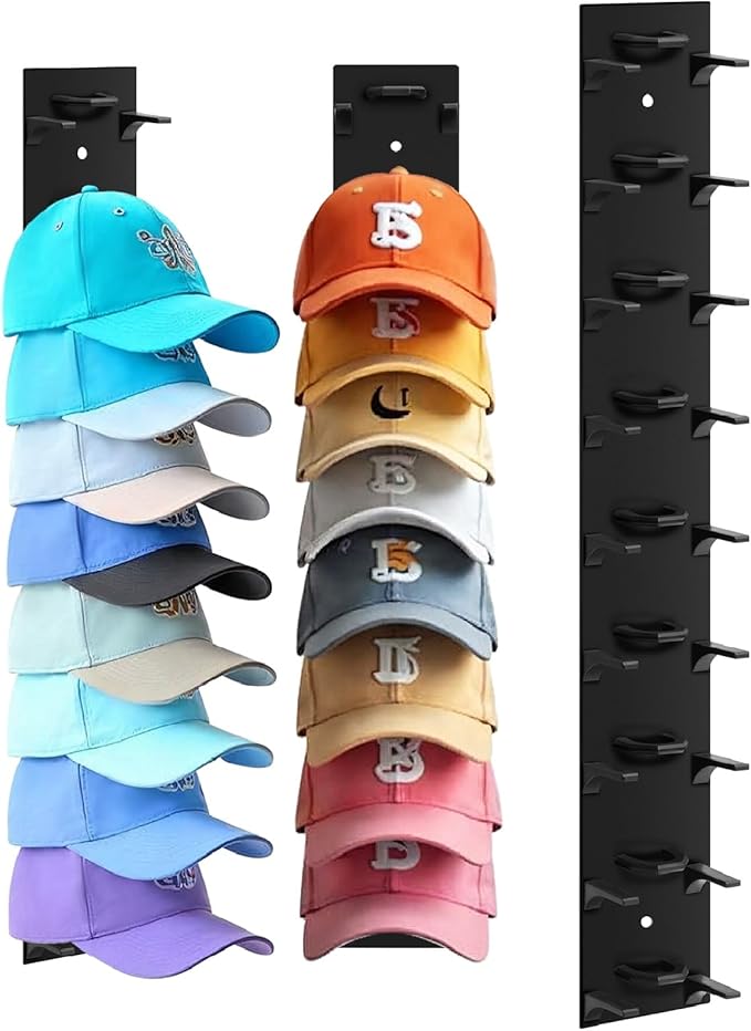 Dntorx Hat Organizer for Baseball Caps, 1 Pack Hat Rack for Wall Hold up to 9 Hats Strong Adhesive Hat Hooks Stand Multilayer Hat Hanger Organizer Storage Holder Display for Door Closet Bedroom（Black