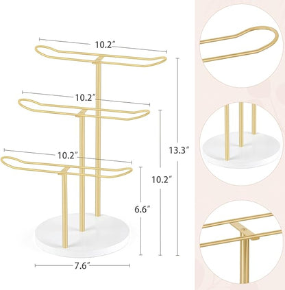 Dahey Headband Holder Organizer Metal 3-Tier Hair Hoop Display Stand Headband Organizer Storage Hair Ropes Accessories Bracelets Bangles Bedroom College Dorm Decor for Girls Women, Gold