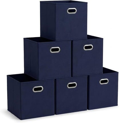 Household Essentials Fabric Storage Bins 6 Piece Set, Strong Poly-Woven Fabric, Sturdy Chipboard Sides, Grommet Front Handle, Stackable and Foldable, Classic Design, Navy