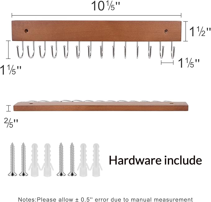 SCUNDA Hanging Jewerly Organizer for Wall, Wall Mounted Necklace Holder, Wood Wall Mount Jewerly Organizer for Earrings Bar, Hanging Rings, Necklaces and Bracelet, Nice Gift for Woman (2pack,Brown)