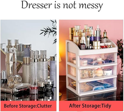 Makeup Organizer with 3 Drawers Plastic Storage for Vanity Cosmetic Display Cases Large Capacity Bathroom Countertop Plastic Storage for Skin Care Products(Arc Type)