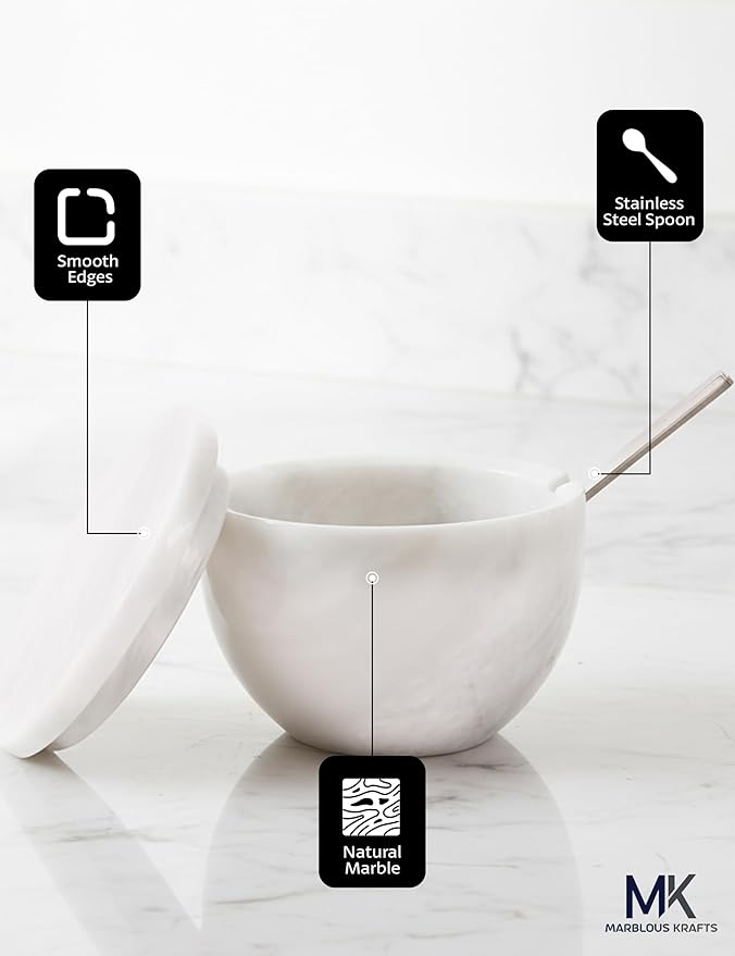MARBLOUS KRAFTS Marble Salt Holder with Lid and Spoon 3 x 4 White Spice Jar for Kitchen Countertop, 4.7 oz, Ideal Seasonings, Sugar Bowl, and Salt Storage, gifts for mom