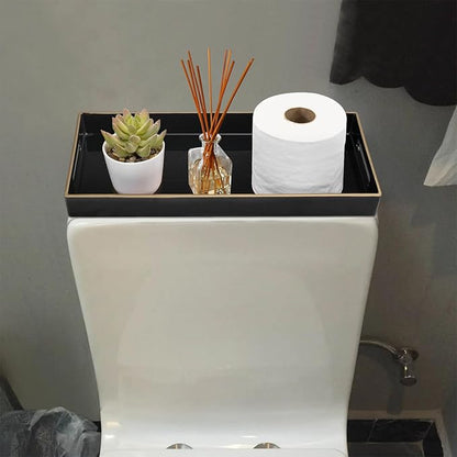 MAONAME Black Vanity Tray Set of 2, Plastic Decorative Tray with Handles, Small Narrow Trays, Rectangular Bathroom Trays for Toilet Tank, 13.8" X 6" X 1.57"