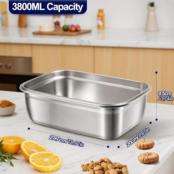 QCQHDU Stainless Steel Food Storage Containers, 3800 ML/ 129 oz / 16 Cup Large Food Storage Meal Prep Containers with Airtight Lids for Roasting Turkey, Chicken, Baking Casserole, Fruits, Party