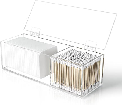 Clear Acrylic Qtip Holder for Clean Skin Club Clean² Pads Clean with Flip-Top Lid 2-Grid Canister Cotton Pad and Swab Dispenser Cotton Round Organizer for Bathroom Vanity Countertop