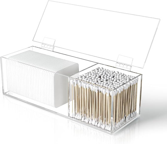 Clear Acrylic Qtip Holder for Clean Skin Club Clean² Pads Clean with Flip-Top Lid 2-Grid Canister Cotton Pad and Swab Dispenser Cotton Round Organizer for Bathroom Vanity Countertop