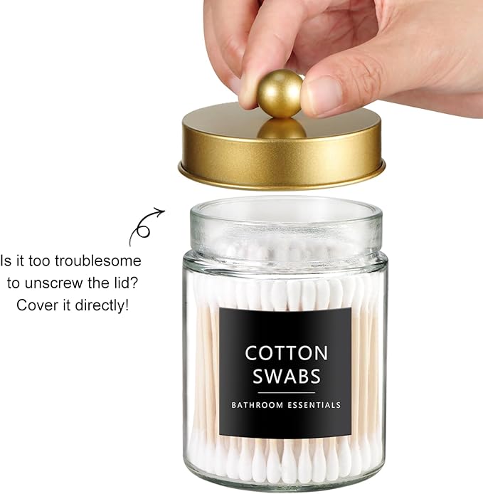 SheeChung 3-Pack Glass Apothecary Jars with Acrylic Vanity Tray - Bathroom Organizer Set for Qtip, Cotton Ball, Floss Picks - Luxury Style Bathroom Accessories Storage Canister（Gold)