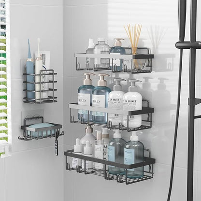 Liuoud 5 Pack Shower Caddy Organizer Rack Shelf for Inside Shower, Self Adhesive Bathroom Wall Storage Basket Rustproof Stainless Steel Large Capacity Shampoo Holder, Dark Grey