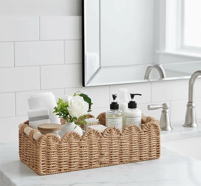 CubesLand Bathroom Basket Organizer, Toilet Tank Paper Storage Baskets 2-Pack, Scalloped Decorative Basket for Countertop w/Handle, Wicker Basket for Bathroom Decor, Home Decor, Living Room, Neutral