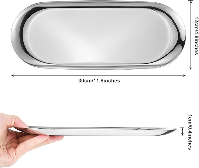 Silver Oval Vanity Tray, Stainless Steel Jewelry Tray, Bathroom Tray, Makeup Cosmetic Trays,Towel Napkin Tray,Storage Organizer,11.8 x 4.8 inches (L*W), Large