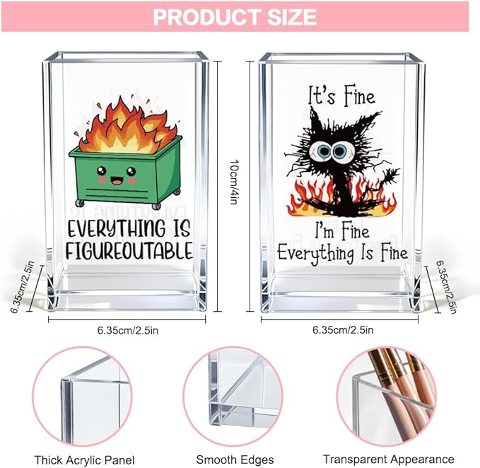 Funny Black Cat 2 Pack Acrylic Cosmetic Pencil Pen Holder Cup, Emotional Dumpster Fire Pencil Pen Holder Cup, Cat Lover Gift for Women, Office Sarcastic Gifts for Women Men Colleague