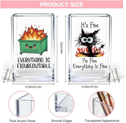 Funny Black Cat 2 Pack Acrylic Cosmetic Pencil Pen Holder Cup, Emotional Dumpster Fire Pencil Pen Holder Cup, Cat Lover Gift for Women, Office Sarcastic Gifts for Women Men Colleague