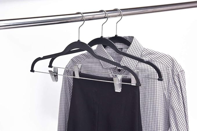 Quality Plastic 20-Pack - Non Velvet Non-Flocked Thin Compact Coat Hangers with Metal Clips for Skirts Pants Blouses - 360° Swivel Hook (Black, 20)