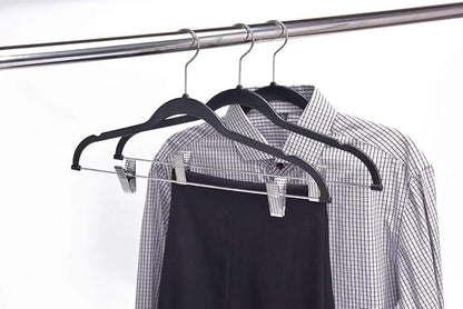 80 Pack Black Quality Plastic Non Velvet Non-Flocked Thin Compact Coat Hangers with Metal Clips for Skirts Pants Blouses 360° Swivel Hook