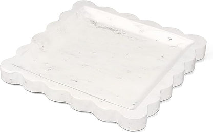 Square Marble Vanity Tray with Scalloped Edge - Natural Marble Perfume Tray Decor for Dresser, Vanity, Kitchen, Home Decor, Decorative Square Stone Tray - White 8 * 8 inch