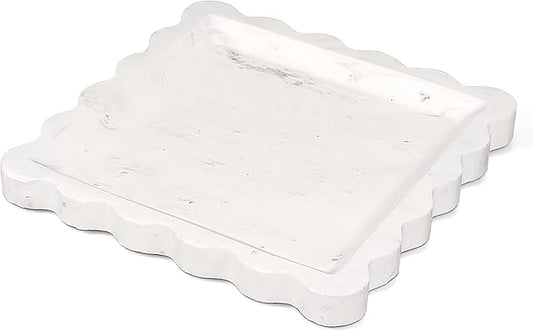 Square Marble Vanity Tray with Scalloped Edge - Natural Marble Perfume Tray Decor for Dresser, Vanity, Kitchen, Home Decor, Decorative Square Stone Tray - White 8 * 8 inch