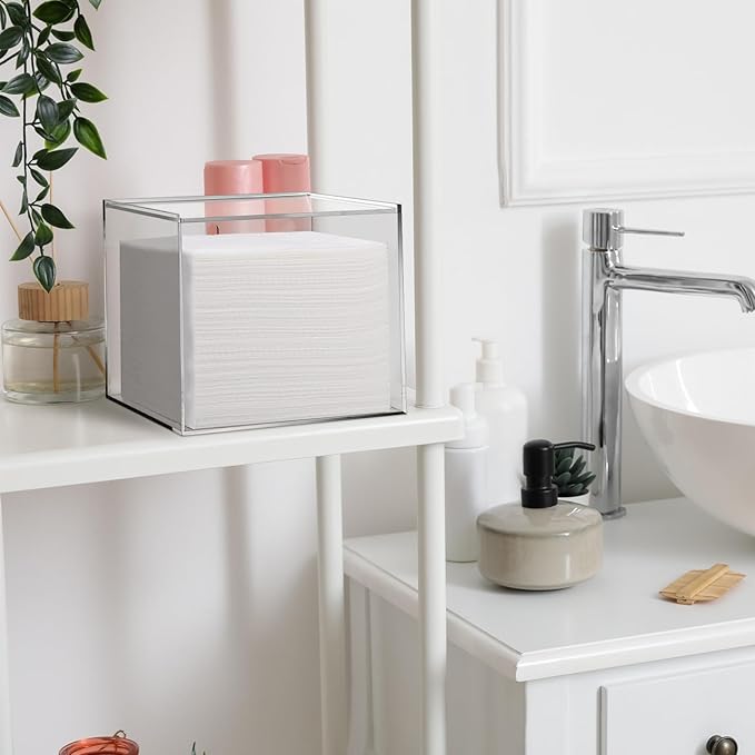 Yalikop Wall Mounted Disposable Facial Towel Storage Box Holder, Clear Acrylic Box for Clean Towels XL (Not Included), Disposable Face Towelettes Organization Container for Bathroom Cleansing Dry Wipe