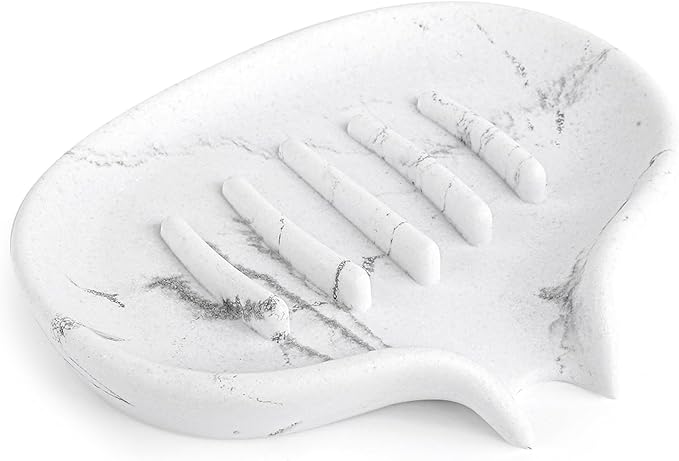 Self Draining Soap Dish for Shower and Bathroom Sink - Large Marble Resin Soap Holder with Drain, Non Slip Soap Tray for Bar Soap, Kitchen & Bathroom Counter