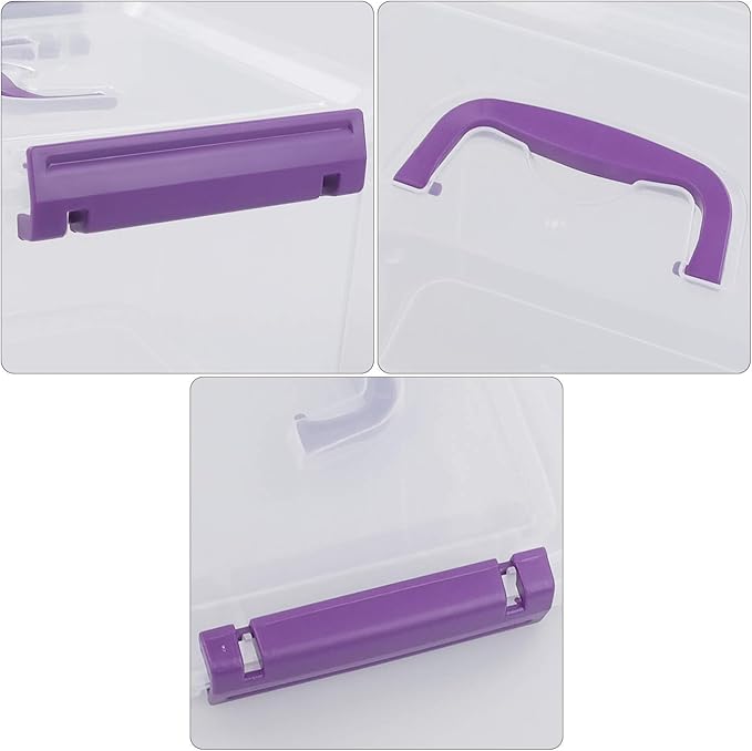 Clear Plastic Bin with Lid, 6 Quart Latching Box with Purple Handle, 6 Packs