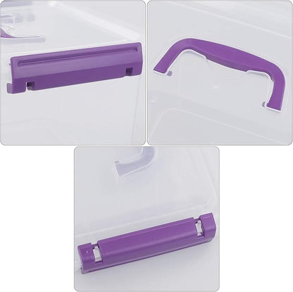 Clear Plastic Bin with Lid, 6 Quart Latching Box with Purple Handle, 6 Packs