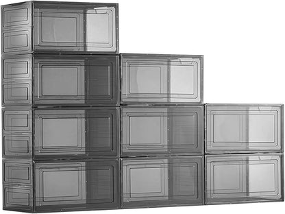 VEVOR Shoe Storage Boxes, 9 Pack Clear Stackable Shoe Boxes Storage Organizers with Magnetic Door, Fit up to US Size 13, Plastic Sneaker Containers for High Heels, Boots, and Hats, Transparent Black