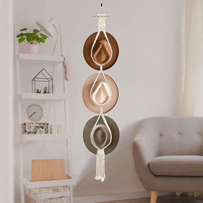 Besoamo Bohemian Hat Hangers Hat Organizer for Wall, Macrame Woman Hat Rack Hat Holder for Wall Hanging, Hand Weaving Boho Hat Holder Decorative Cap Organizer for Wide Brim Caps (Three Hats Style)