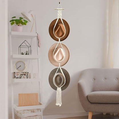 Besoamo Bohemian Hat Hangers Hat Organizer for Wall, Macrame Woman Hat Rack Hat Holder for Wall Hanging, Hand Weaving Boho Hat Holder Decorative Cap Organizer for Wide Brim Caps (Three Hats Style)