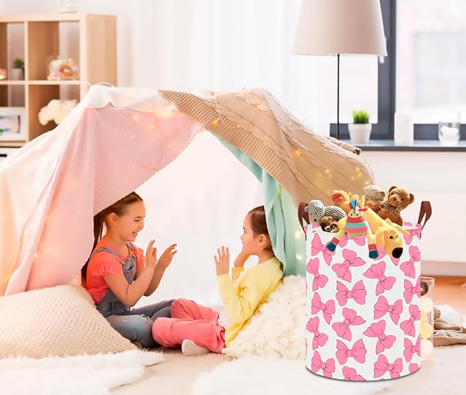 CLOCOR Large Laundry Basket,Waterproof Nursery Hamper,Collapsible Fabric Storage Container,Toys Bin,Room Decor,Gift Basket（Pink Bowknot
