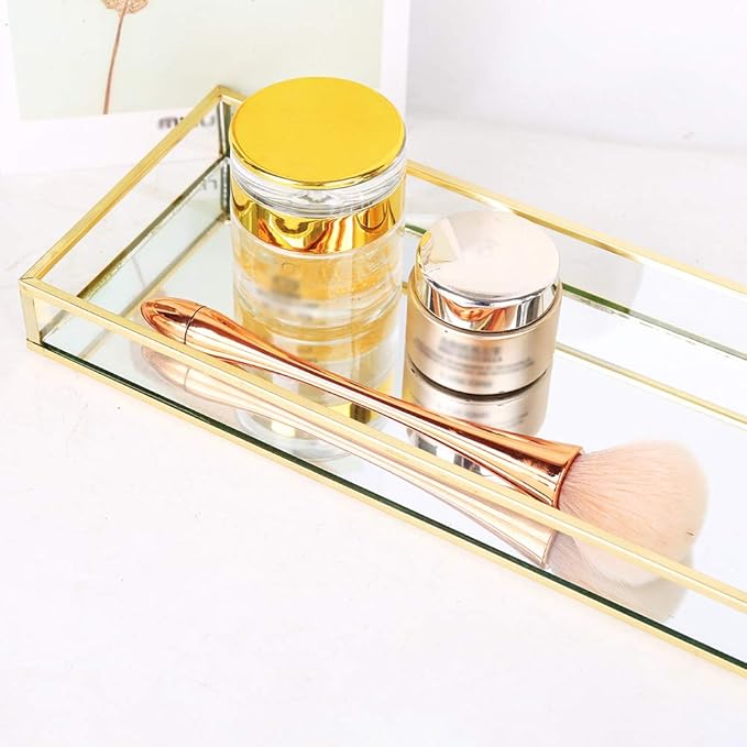 Affogato Sink Vanity Tray Mirror Bathroom Storage Tray, Toilet Tank Organizer, Bathtub Tray, Toothbrush Makeup Cosmetic Holder for Bathroom Vanity Countertops, Closets, Dressers (1Pc, Gold)
