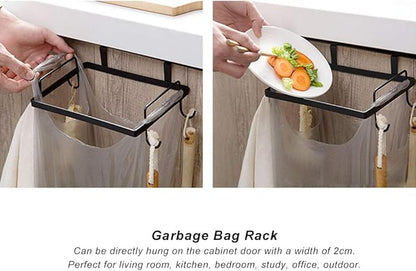 Cyrank Metal Trash Bag Holder, Trash Bag Holder for Cabinet Door Plastic Over The Cabinet Door Under Sink Garbage Hanging Rubbish for Kitchen, Office, Dorm(black)