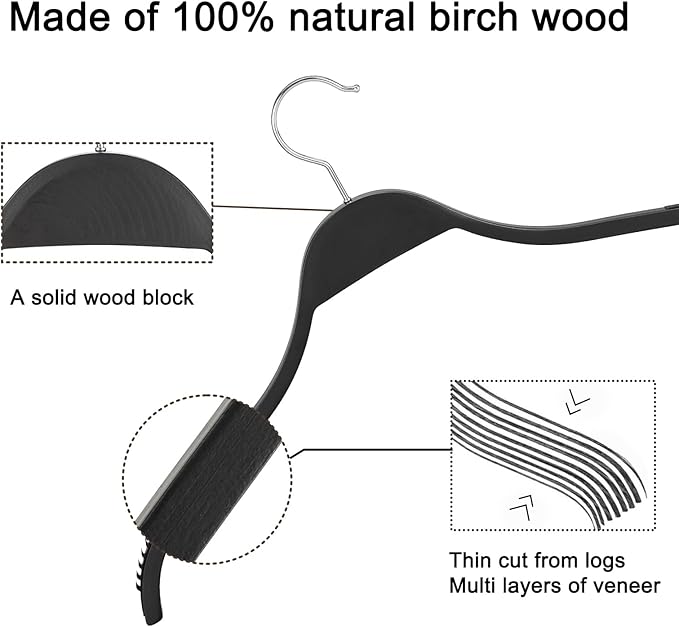 TOPIA HANGER Slim Wooden Hangers with Extra Soft Non-Slip Rubber Grips, 30-Pack High-Grade Fashion Hanger No Shoulder Bump for Sweater, Camisole, Jacket, Dress, Coat (Black)-CT15B30
