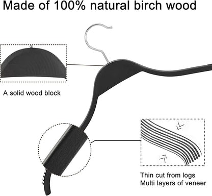 TOPIA HANGER Slim Wooden Hangers with Extra Soft Non-Slip Rubber Grips, 30-Pack High-Grade Fashion Hanger No Shoulder Bump for Sweater, Camisole, Jacket, Dress, Coat (Black)-CT15B30