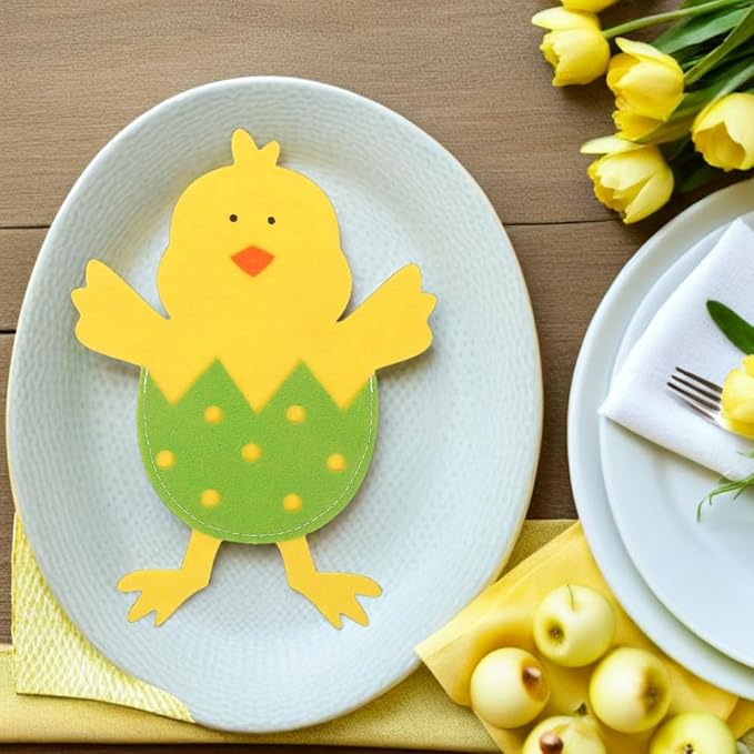 12 Pcs Easter Chick Cutlery Holders, Felt Easter Tableware Pouches in 4 Assorted Colors, Cute Chick Eggshell Silverware Pockets for Party Table Decorations, Kitchen Dining & DIY Craft