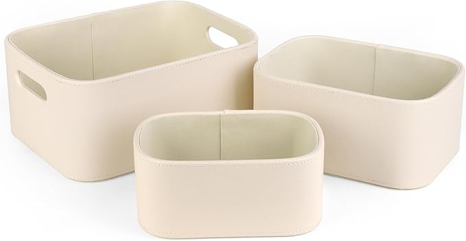 HofferRuffer Faux Leather Storage Baskets Bins with Velvet Lining for Organizing, Storage, Gifts, Set of 3 Nesting Shelf Baskets Decorative Storage Boxes for Home Organization (Cream White)