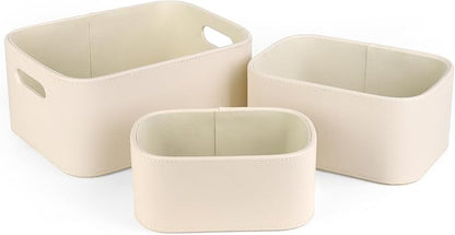 HofferRuffer Faux Leather Storage Baskets Bins with Velvet Lining for Organizing, Storage, Gifts, Set of 3 Nesting Shelf Baskets Decorative Storage Boxes for Home Organization (Cream White)