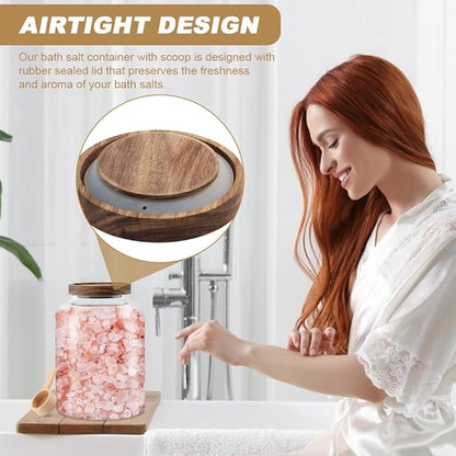 74 oz Glass Bath Salt Jar, Bath Salt Container with Wooden Lid& Scoop, Bathroom Organizers, Airtight Storage Bathtub Accessories for Women