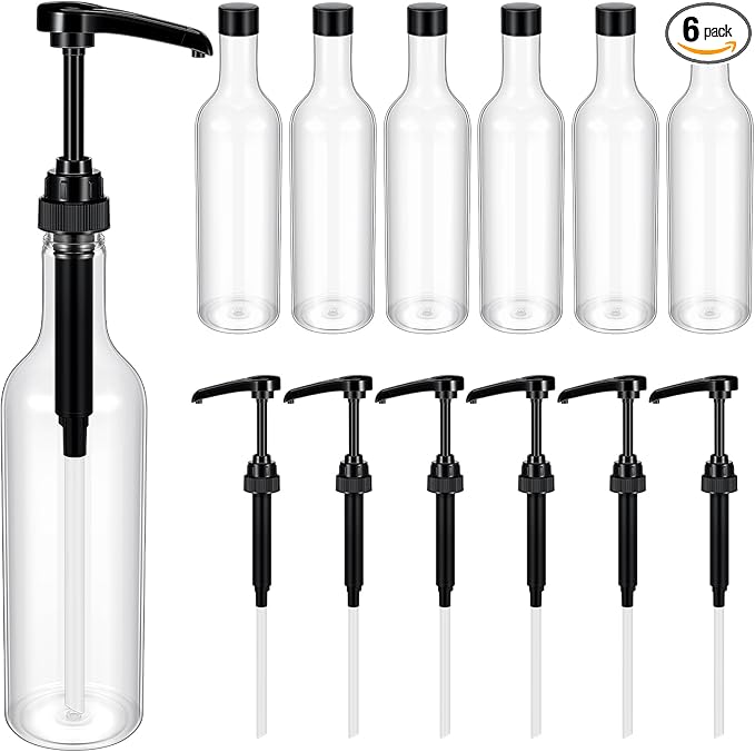 Maxdot 6 Pcs 25 oz Syrup Bottles with Pump Long Neck Bottles Plastic Syrup Pump Dispenser for Coffee Bar Accessories Home Party (Black)