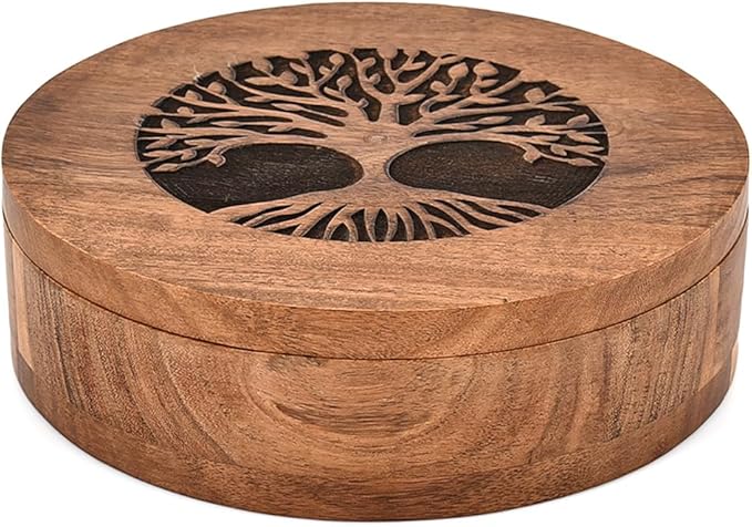 Spice Celler Black Acacia Wood Round Spice Box – Tree of Life Engraved Lid | 7 Compartment Masala Dabba for Kitchen Storage (8” X 8” X 2.25”)