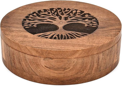 Spice Celler Black Acacia Wood Round Spice Box – Tree of Life Engraved Lid | 7 Compartment Masala Dabba for Kitchen Storage (8” X 8” X 2.25”)