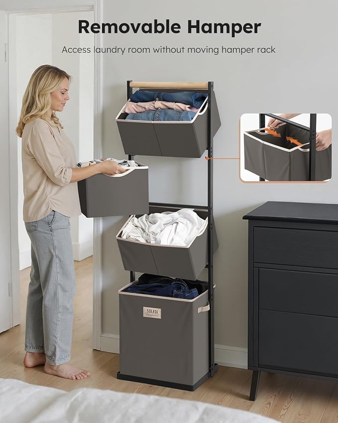 SOLEDI 4 Section Laundry Hamper Sorter, Stackable Laundry Basket Organizer with Removable Basket, 125L 4-Tier Vertical Laundry Sorter for Small Space, Laundry Room, Dorm, Bathroom, Wardrobe Grey