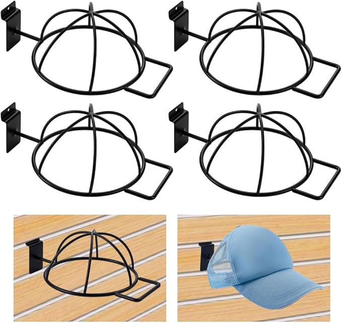 AHANDMAKER 6 Pcs Slat Wall Hat Display Rack Wall Mounted Durable Metal Hat Organizer Accessories for Baseball Caps Wigs Retail Store Warehouse Display Decoration, Black