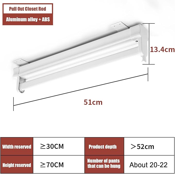Heavy Duty Retractable Pull Out Pants Rack,Aluminum Alloy Pull Out Closet Valet Rod,Extendable Wardrobe Rail Tube for Hanging Clothes, Top Mount (Color : White, Battery *1 : 51cm)