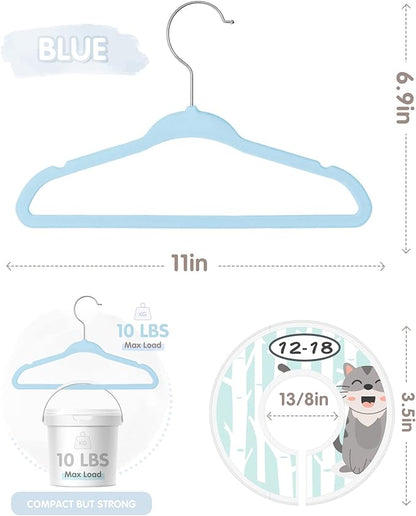 VIS'V Baby Hangers, 11 Inch Velvet Kids Hangers with 6 Pcs Clothes Size Dividers, Infant Toddler Nursery Closet Organization, Non Slip, Blue, 50 Pcs
