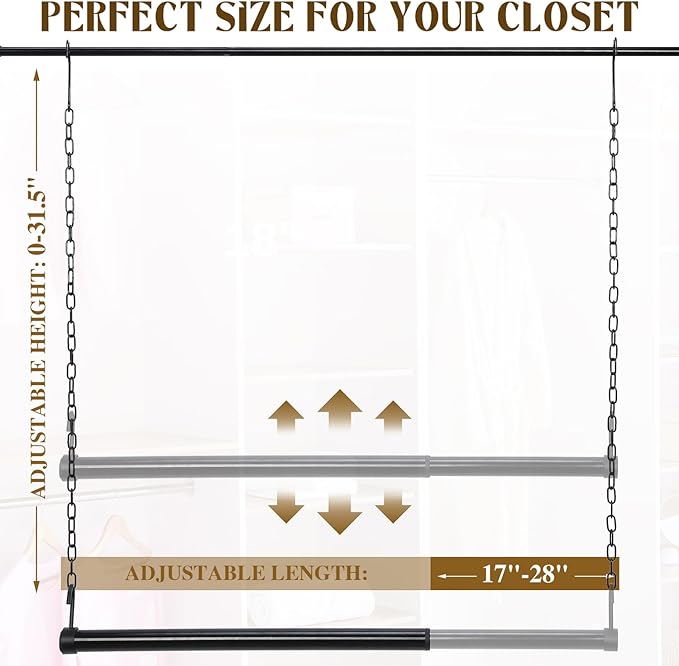 Hanging Closet Rod, 2PC Width and Height Adjustable Closet Rods for Hanging Clothes, 18"-27" Closet Hanging Rod for Space Saving, Double Hanging Closet 0rganizer, Closet Rods Black