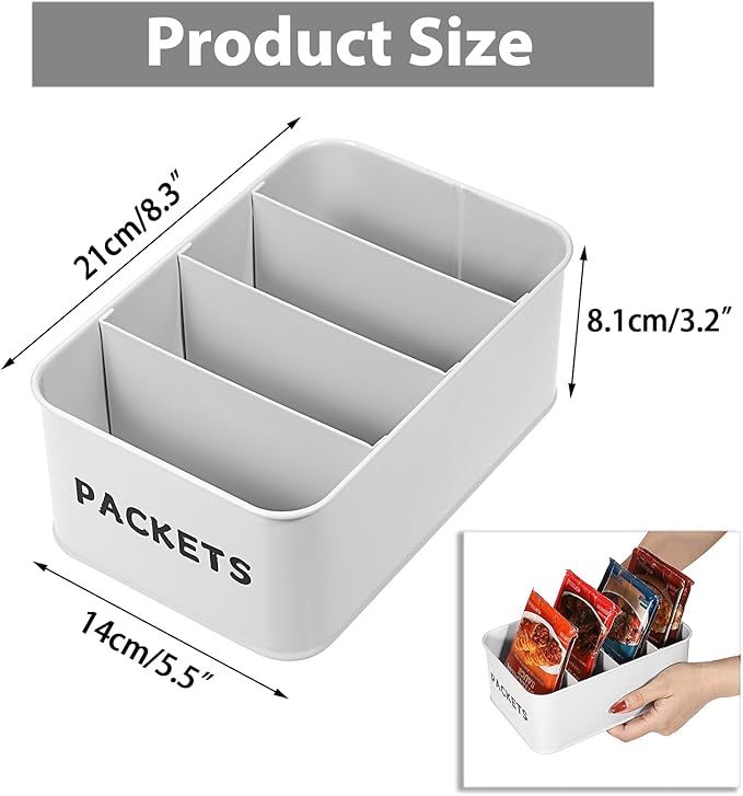 BSTKEY Seasoning Packet Organizer, Food Storage Organizer with Divided 4 Compartments, Metal Storage Caddy for Kitchen Pantry Cabinet, Kitchen Organization Bin for Snacks Spice Packets, White